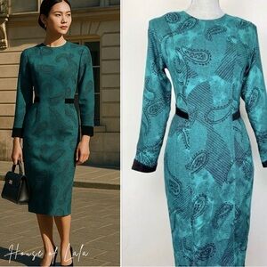 𝅺80S fitted teal black paisley dress suede leather detail Western cocktail dress
